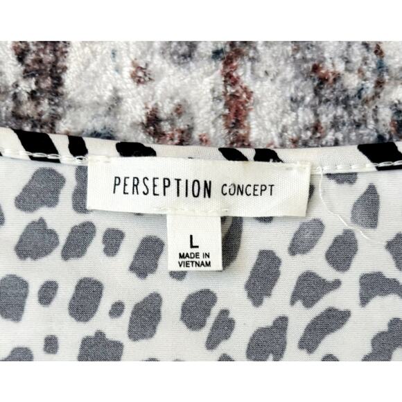 Perseption Concept Black/White Spotted Sheer Sleeve Blouse Womens Size L - Picture 3 of 8